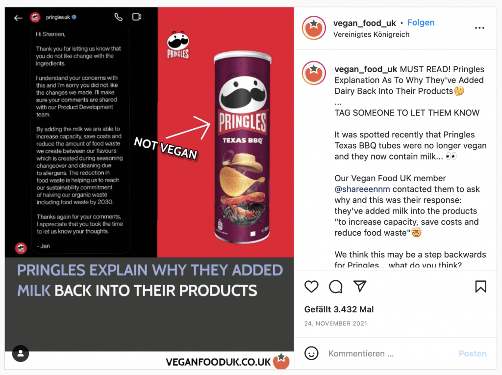 Instagram post about Pringles from Vegan Food UK