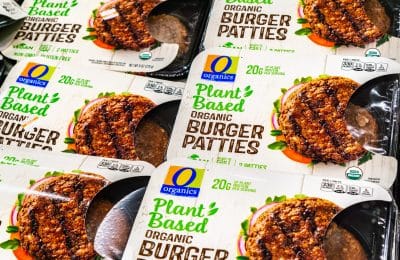 Organic Plant Based Burger Patties, produced by Organics and competing with Beyond Meat; available for purchase in a Safeway store in San Francisco bay area